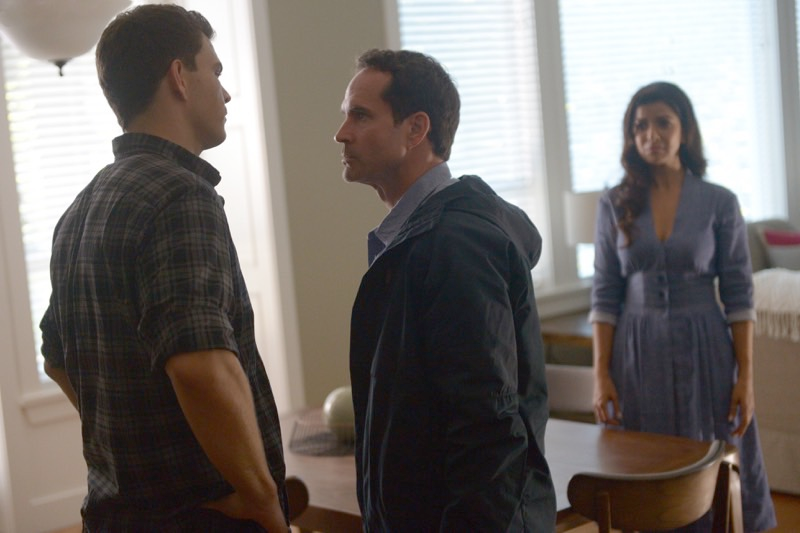 Josh Helman, Jason Patric and Nimrat Kaur in the “Sound the Alarm” episode of WAYWARD PINES. Image: Sergei Bachlakov/FOX ©2016 Fox Broadcasting Co.